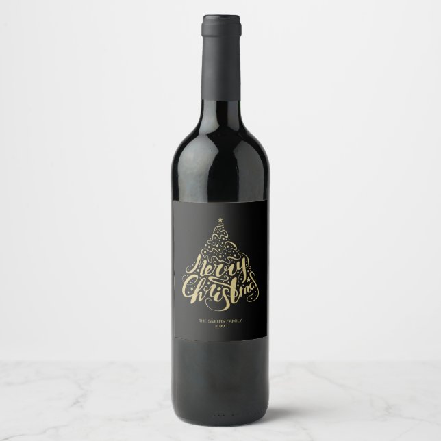 Merry Christmas Gold Typography Tree Wine Label (Front)