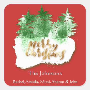 Merry Christmas Gold White Green Holidays Name Red Square Sticker
