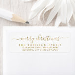 Merry Christmas Gold White Script Return Address<br><div class="desc">Modern Elegant Gold and White Family  Name Merry Christmas Script Return Address Labels. Featuring a pretty hand-written calligraphy swash-tail font script with saying "Merry Christmas". Great for Christmas holiday season,  easy to personalise them with your names and return address info.</div>