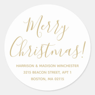 Merry Christmas gold white script return address Classic Round Sticker