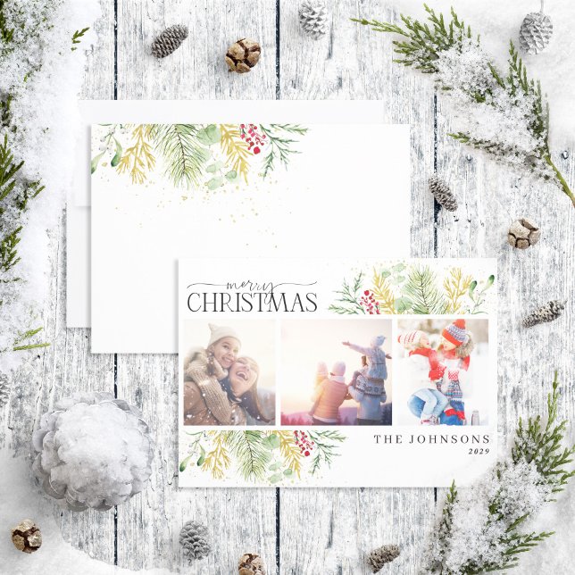 Merry Christmas Gold Winter Botanical Photo  Holid Holiday Card (Creator Uploaded)