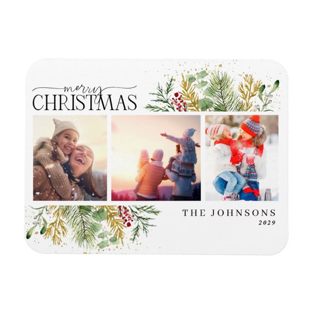 Merry Christmas Gold Winter Botanical Photo  Holid Magnet (Horizontal)