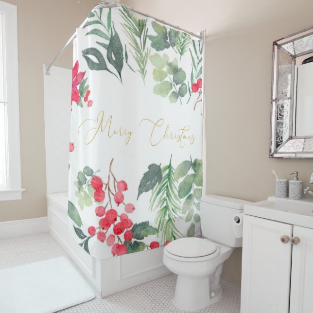 Merry Christmas Gold With Watercolor Holly Shower Curtain (In Situ)