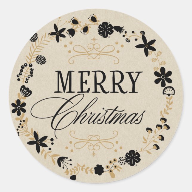 Merry Christmas Gold Wreath Holiday Favour Treat Classic Round Sticker (Front)