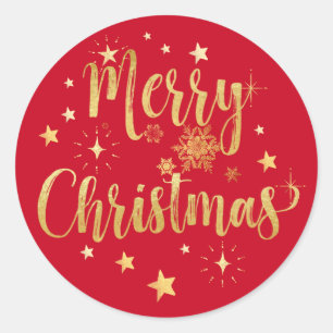 Merry Christmas Gold Writing Stars Snowflakes Red Classic Round Sticker