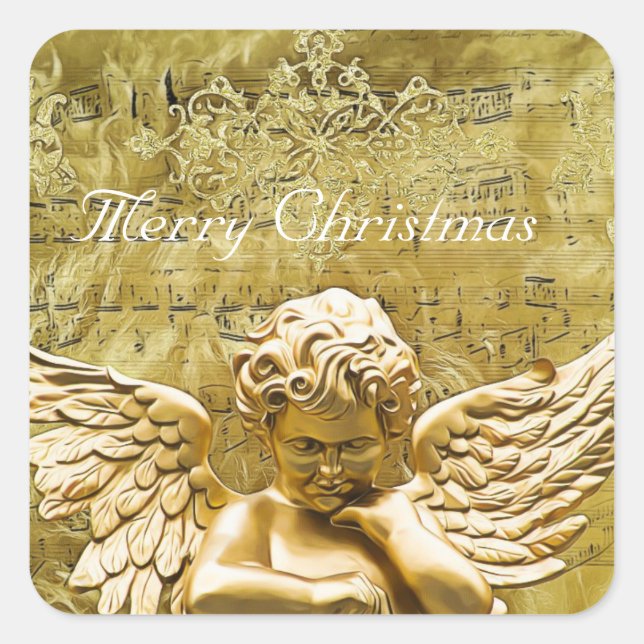 Merry Christmas Golden Angel Musical Notes Square Sticker (Front)