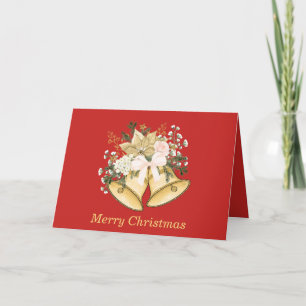 Merry Christmas Golden Bells Roses Floral Holiday Card