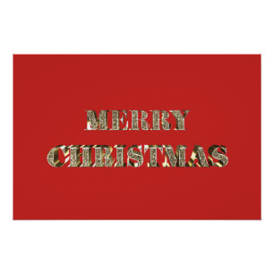 Merry Christmas Golden Glitter Typography Red Gold Poster