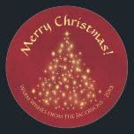 Merry Christmas! Golden Lights Tree on Crimson Red Classic Round Sticker<br><div class="desc">These beautiful Christmas stickers feature a beautiful design that is at once traditional and modern. There is a Christmas tree made completely of gold lights on a marbled crimson red background. The caption reads Merry Christmas, and there is space below for a short note or signature. Perfect as envelope seals...</div>