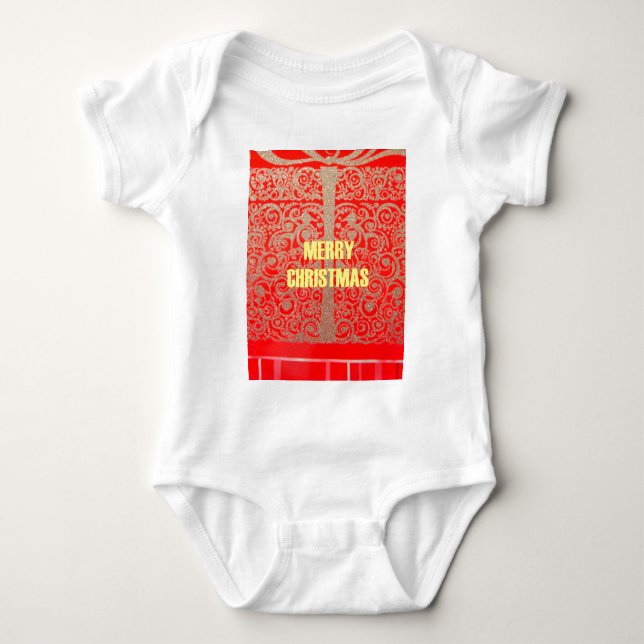 Merry Christmas Golden Red Snow Glitter Hearts Art Baby Bodysuit (Front)
