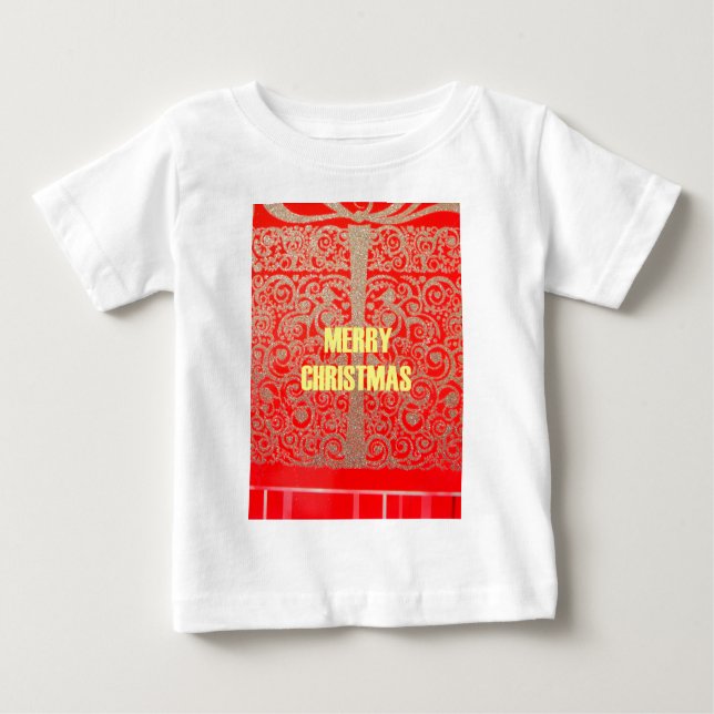 Merry Christmas Golden Red Snow Glitter Hearts Art Baby T-Shirt (Front)