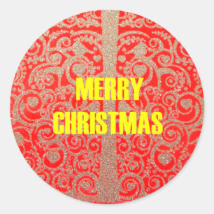 Merry Christmas Golden Red Snow Glitter Hearts Art Classic Round Sticker