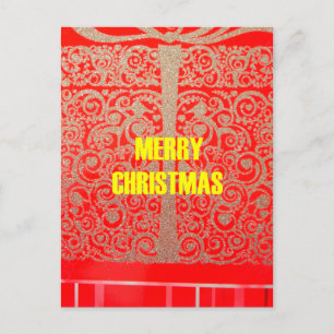 Merry Christmas Golden Red Snow Glitter Hearts Art Holiday Postcard