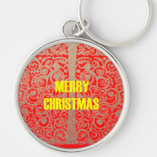 Merry Christmas Golden Red Snow Glitter Hearts Art Key Ring