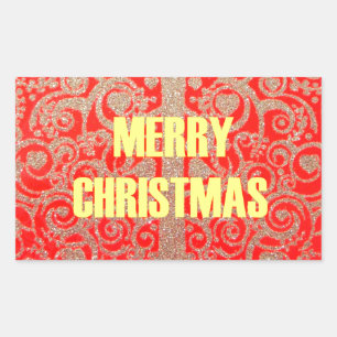 Merry Christmas Golden Red Snow Glitter Hearts Art Rectangular Sticker