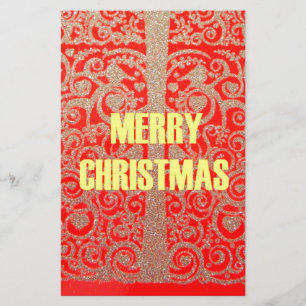 Merry Christmas Golden Red Snow Glitter Hearts Art Stationery