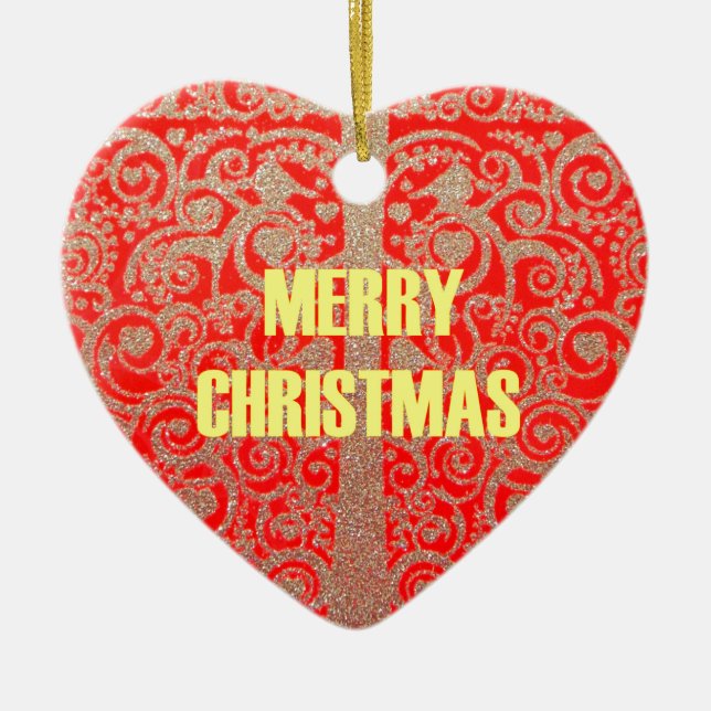 Merry Christmas Golden Red Snow Hearts Ceramic Tree Decoration (Front)