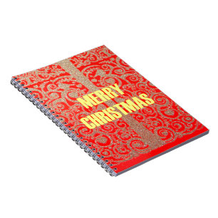 Merry Christmas Golden Red Snow Hearts Spiral Notebook