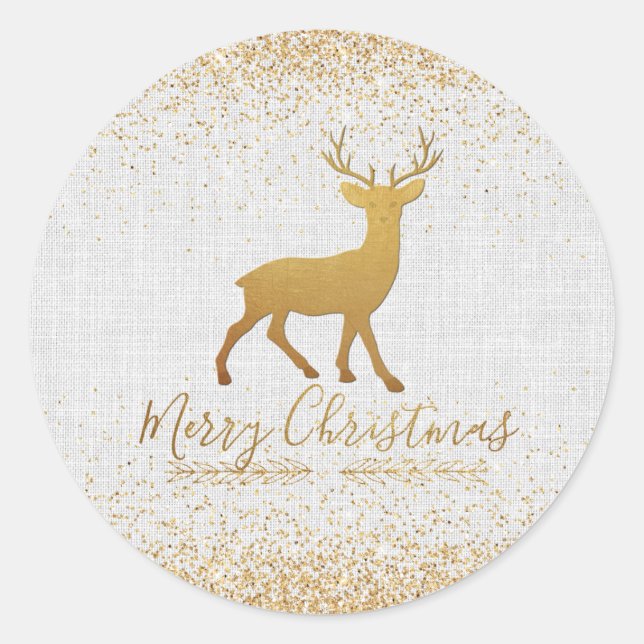 Merry Christmas Golden Reindeer with Glitter Classic Round Sticker (Front)