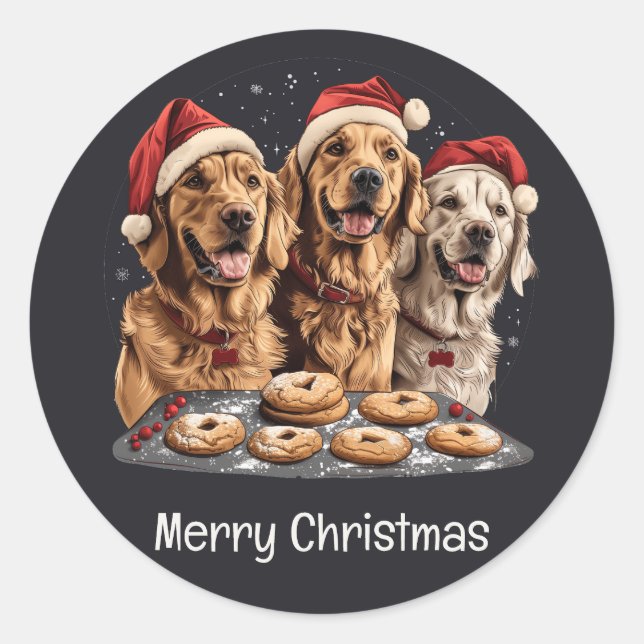 Merry Christmas Golden Retriever Dogs Baking Classic Round Sticker (Front)