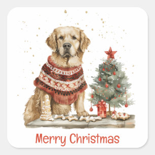 Merry Christmas Golden Retriever Dogs Square Sticker