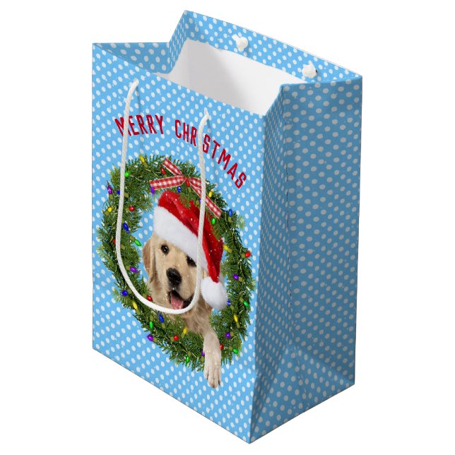 Merry Christmas Golden Retriever on polka dots Medium Gift Bag (Front Angled)