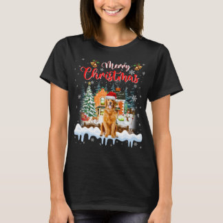 Merry Christmas Golden Retriever Santa Hat Lights T-Shirt