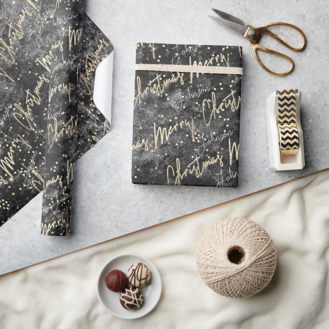 Merry Christmas Golden Script From Name Black  Wrapping Paper (Crafts)