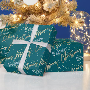 Merry Christmas Golden Script From Name Blue Teal  Wrapping Paper