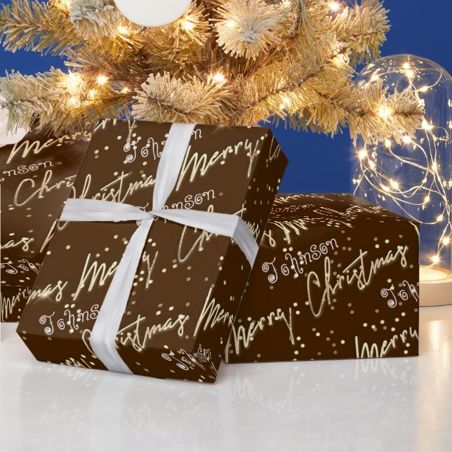 Merry Christmas Golden Script From Name Brown  Wrapping Paper (Holidays)