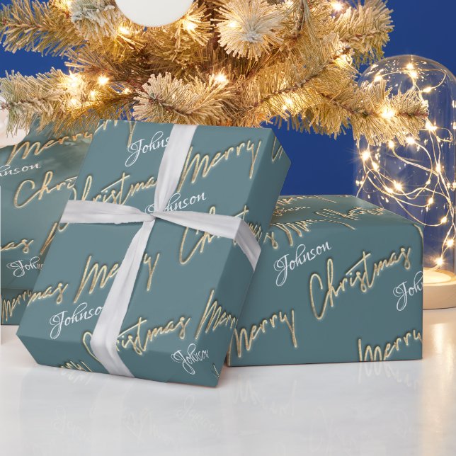 Merry Christmas Golden Script Name Smoky Aqua Blue Wrapping Paper (Holidays)
