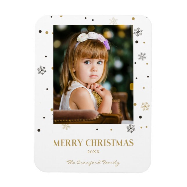 Merry Christmas Golden Snowflakes Family Photo Magnet (Vertical)