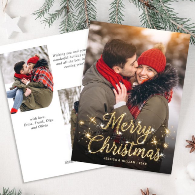 Merry Christmas Golden Sparkle 3 PHOTO Greeting Holiday Card (Creator Uploaded)