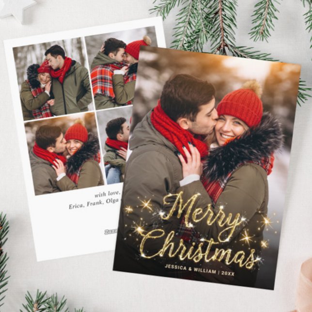 Merry Christmas Golden Sparkle 5 PHOTO Greeting Holiday Card (Creator Uploaded)