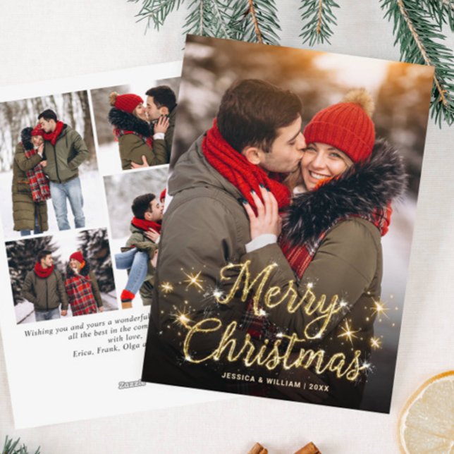 Merry Christmas Golden Sparkle 5 PHOTO Greeting Holiday Card (Creator Uploaded)