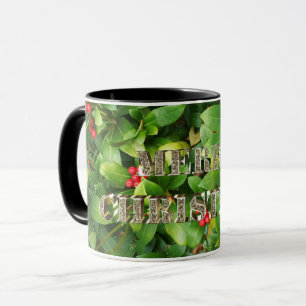 Merry Christmas Golden Typography Skimmia Floral Mug