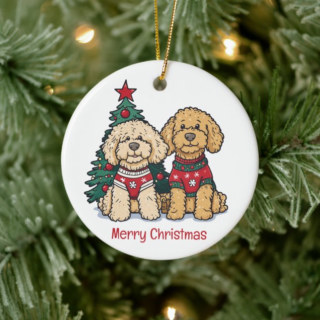Merry Christmas Goldendoodle Dogs Ceramic Tree Decoration (Tree)