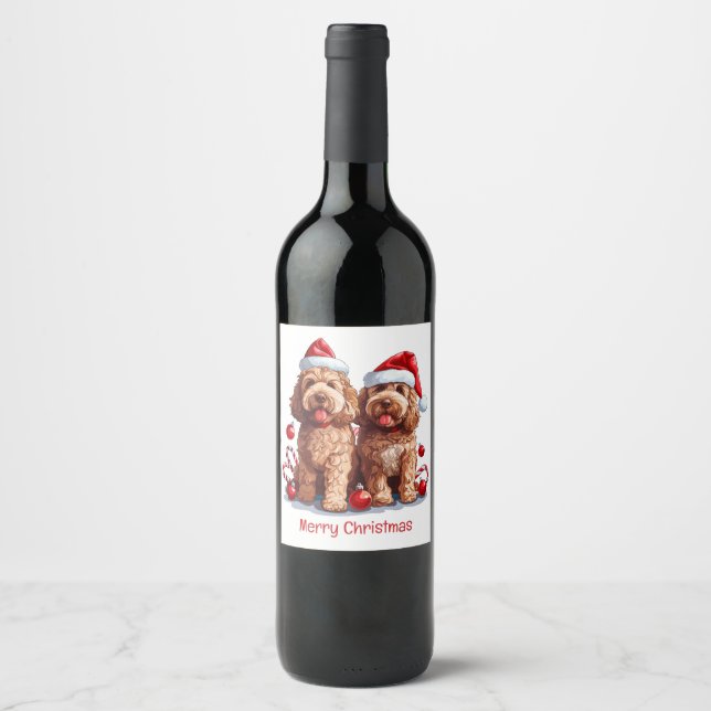 Merry Christmas Goldendoodle Dogs Wine Label (Front)