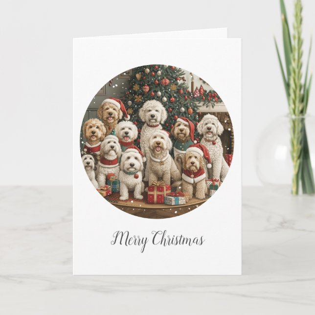 Merry Christmas Goldendoodle Puppy Dogs Holiday Card (Front)