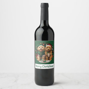 Merry Christmas Goldendoodle Puppy Dogs Wine Label
