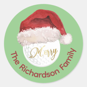 Merry Christmas Golf Ball Santa Cap Name Classic Round Sticker