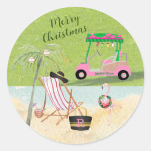 Merry Christmas Golf Cart Beach Monogram Name Classic Round Sticker