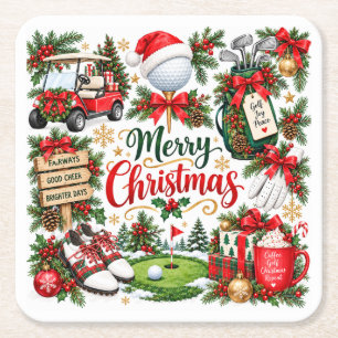 Merry Christmas Golf Watercolor Holiday Design Square Paper Coaster