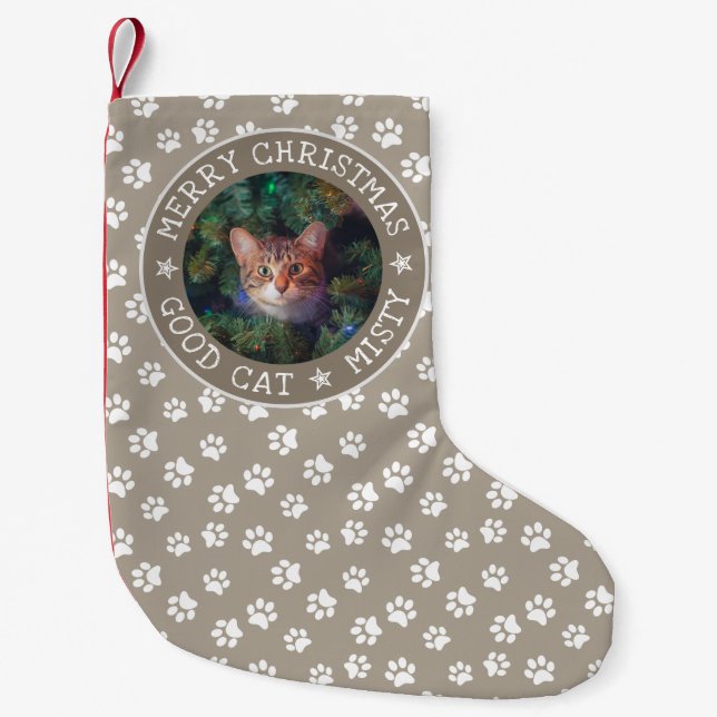  Merry Christmas Good Cat Cute Funny Add Pet Photo Small Christmas Stocking (Front)