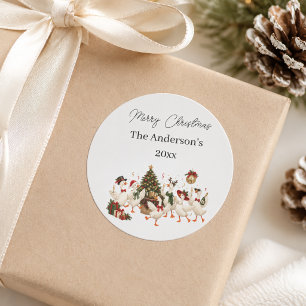 Merry Christmas Goose Family Party Watercolor Classic Round Sticker