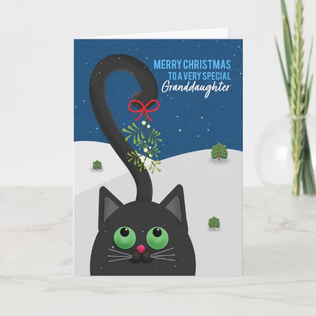 Merry Christmas Granddaughter Cat WIth Mistletoe Holiday Card (Front)