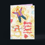 Merry Christmas Granddaughter Snowman Angels Card<br><div class="desc">Merry Christmas greetings for a sweet granddaughter decorated with a young girl making snow angels with a smiling snowman and snow falling illustrated with watercolor.  A shade of lilac purple is on the inside.  You can edit the inside color and text to fit your needs.</div>