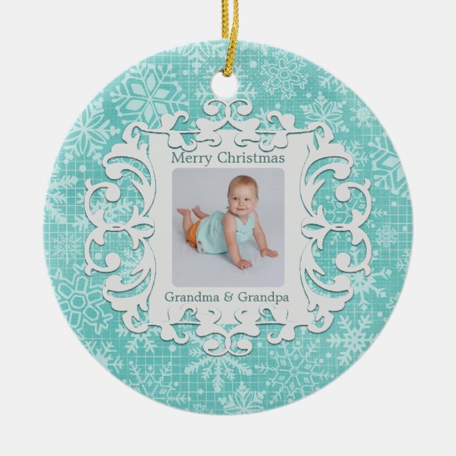 Merry Christmas Grandma and Grandpa Holiday Photo Ceramic Tree Decoration (Front)