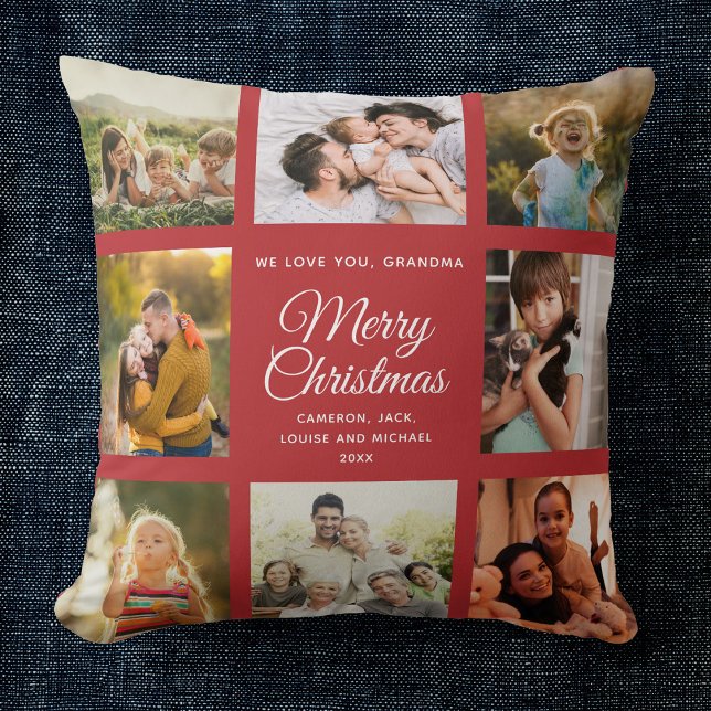 Merry Christmas Grandma Chic Red Photo Collage Cushion (Creator Uploaded)