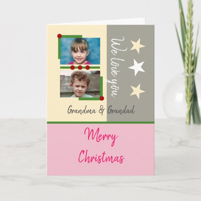 Merry Christmas grandma grandad pink grey photos Holiday Card (Front)